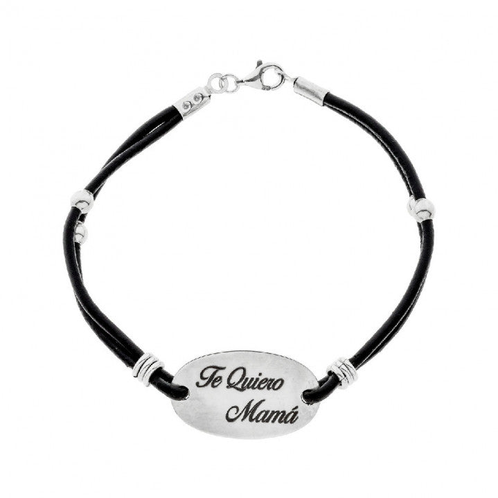 Pulsera Plata Cuero y Chapa con Perlas de Plata