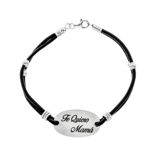 Pulsera Plata Cuero y Chapa con Perlas de Plata